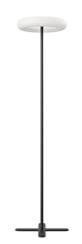 Schwarze Oto Stehleuchte mit Kreuzfuß und runder, weißer Lichtfläche für Büro und Wohnraum.