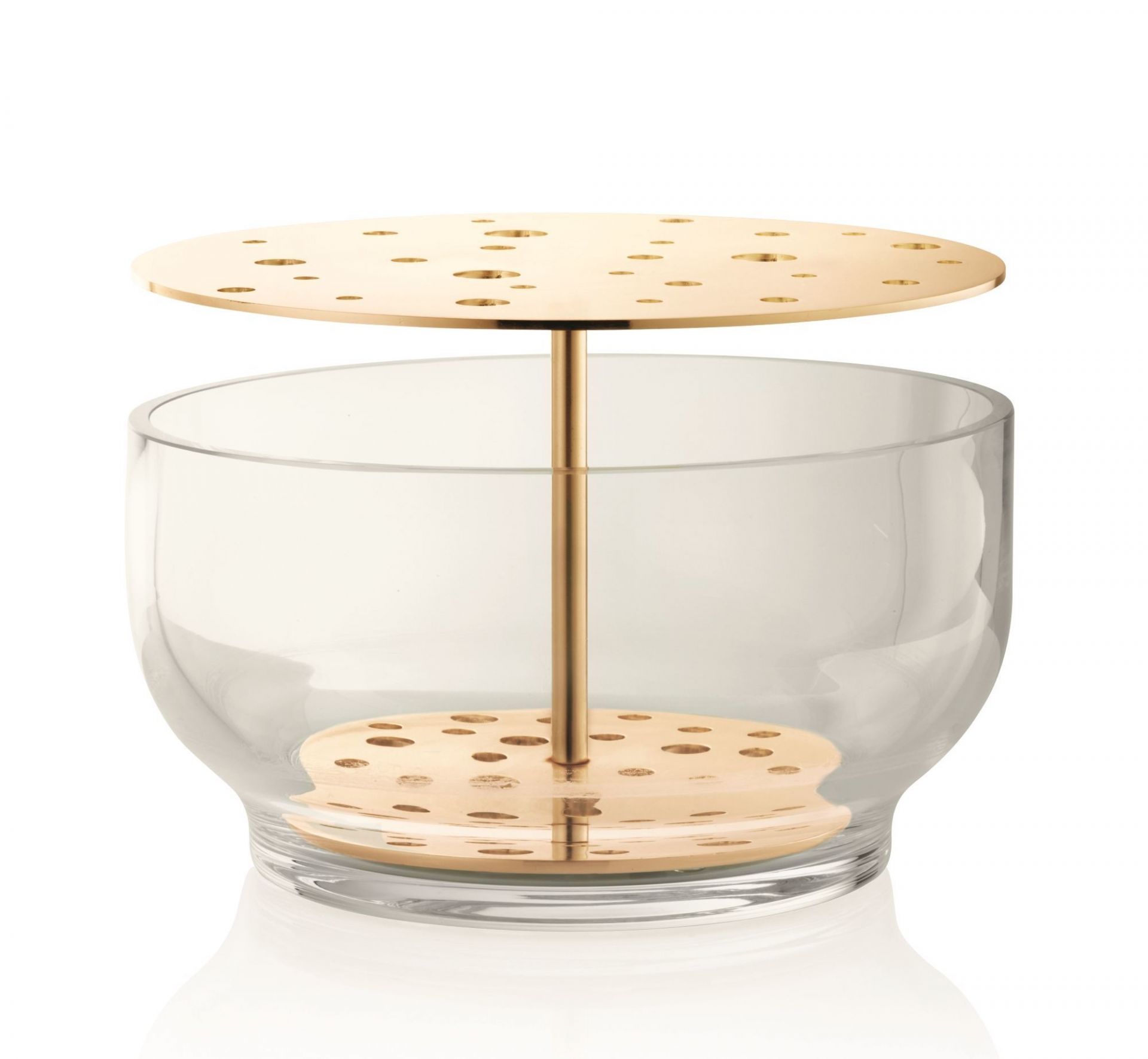 Ikebana Vase groß von Fritz Hansen: Glasvase mit goldfarbenem Einsatz für japanische Blumenkunst.