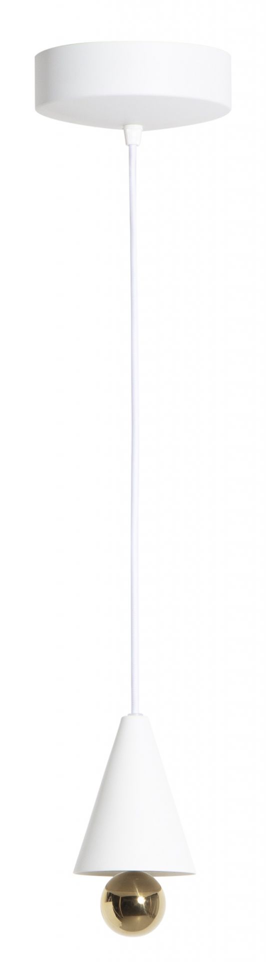 Weiße Cherry Pendelleuchte XS von Petite Friture mit goldener Kugel, moderne Hängelampe.