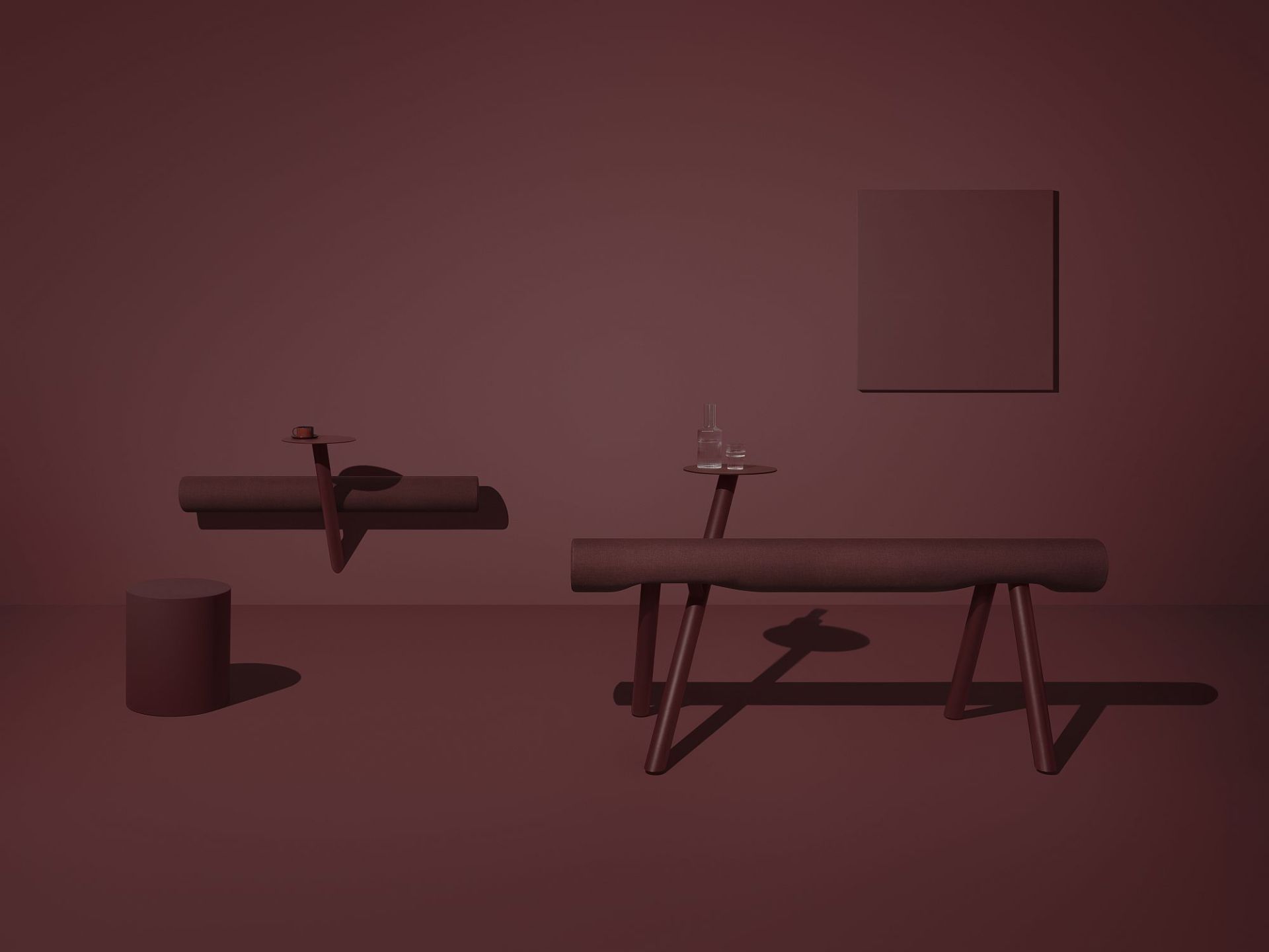 Mizetto Lumber Floor Sitzmöbel: Moderne Sitzbank, Hocker und Beistelltisch in Burgunderrot. Designmöbel für Wohnraum und Büro.