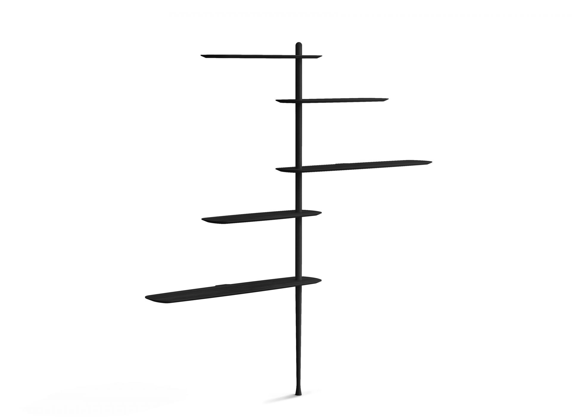 Única Collection Regal von Nomon, H218cm, schwarz, mit fünf asymmetrisch angeordneten Regalböden.