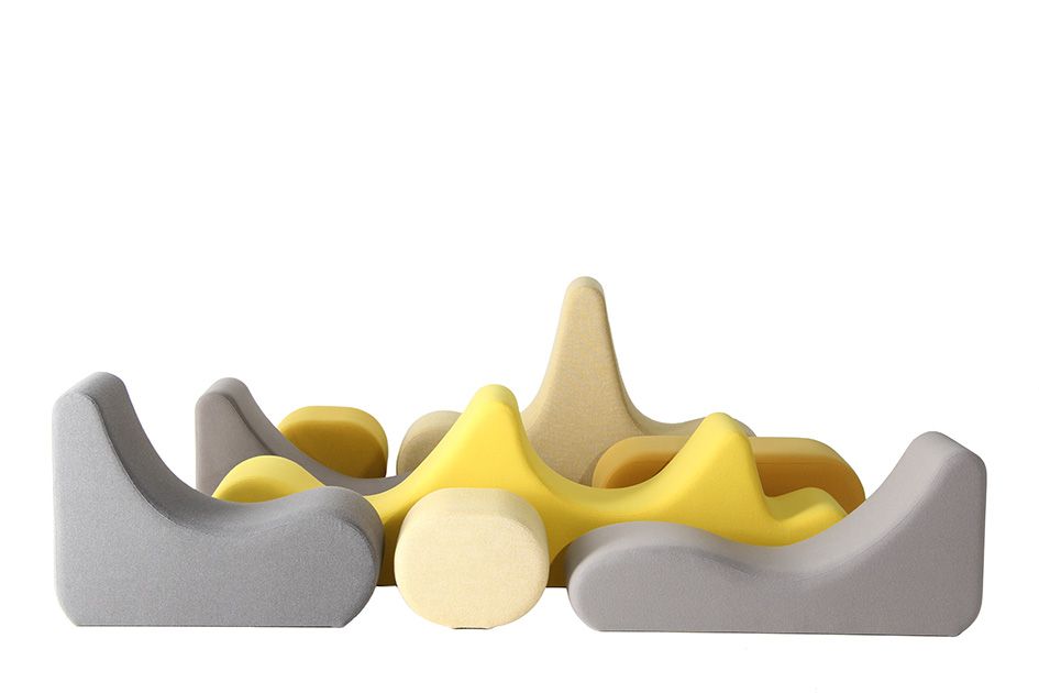 Welle 1 Sofa von Verpan, modulares 2-Sitzer Sofa in Grau und Gelb, modernes Design.