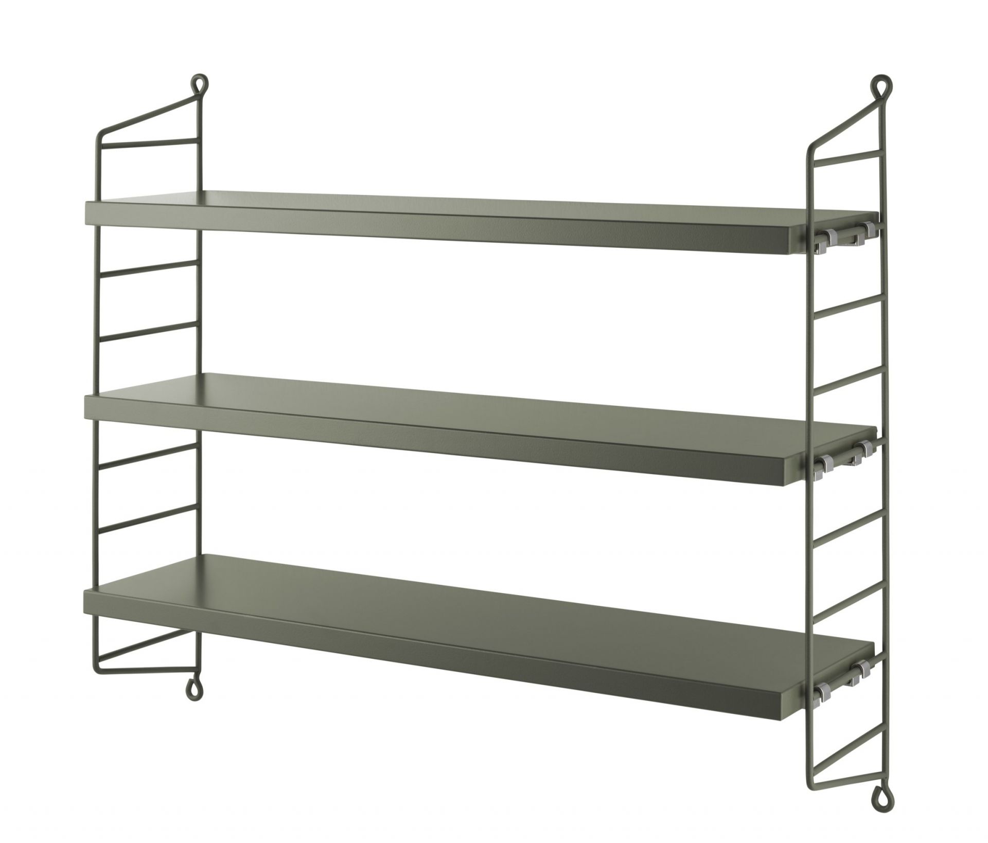 String Pocket Regal in Salbei: Modernes Wandregal mit drei Regalböden für stilvolle Aufbewahrung.