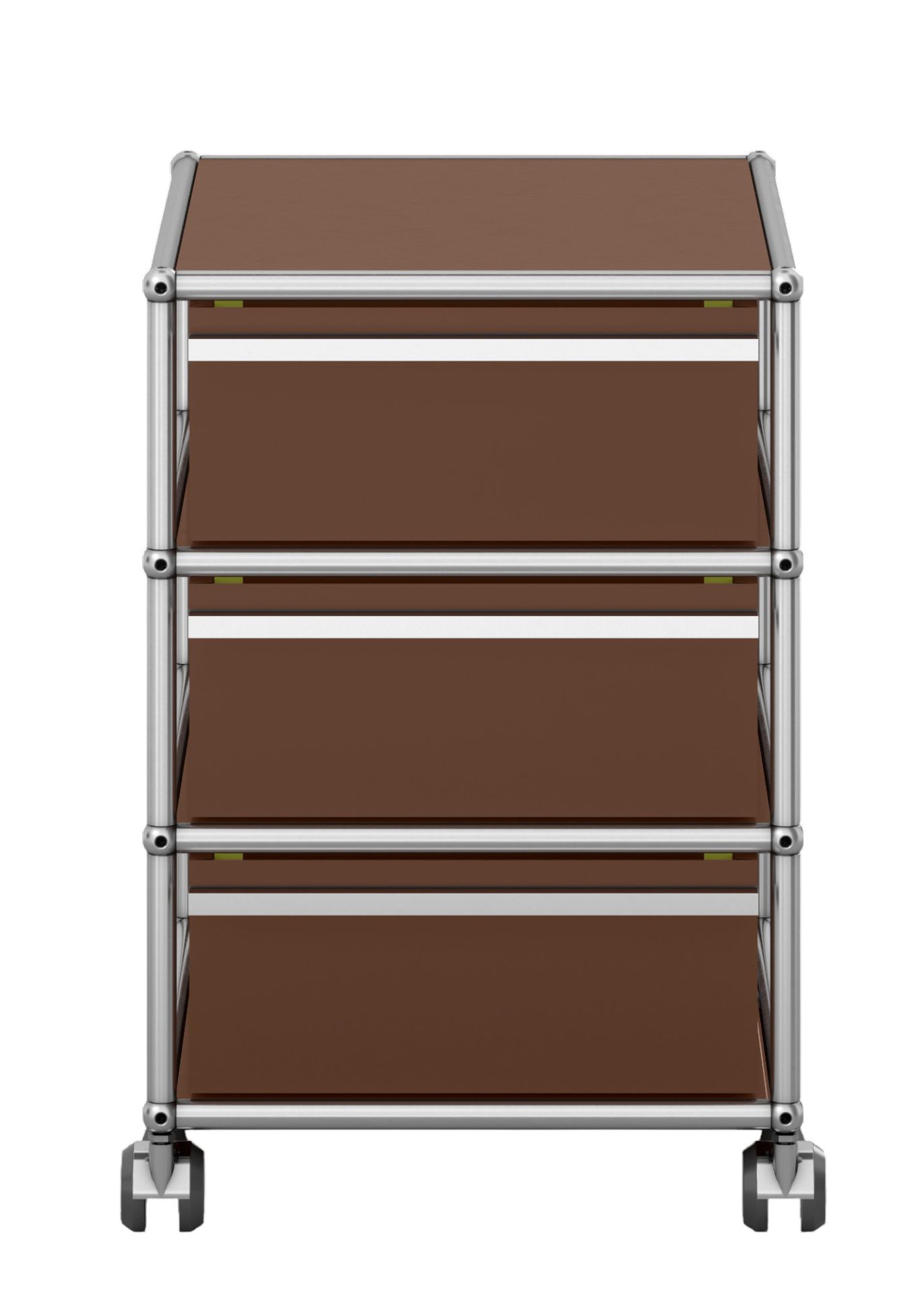 USM Haller Rollcontainer in Braun mit drei Schubladen und verchromtem Gestell, Frontansicht.