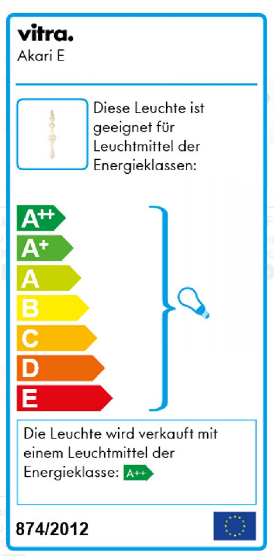 Energieeffizienzlabel der Akari E Leuchte von Vitra mit Energieklassen A++ bis E.