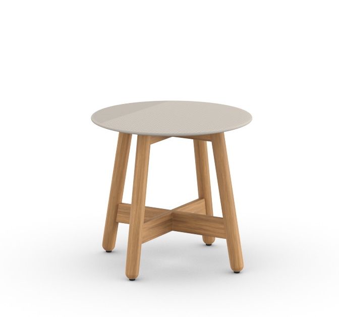 Mbrace Beistelltisch von Dedon, Ø50cm, mit runder Tischplatte und Holzgestell für den Garten.