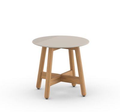 Mbrace Beistelltisch von Dedon, Ø50cm, mit runder Tischplatte und Holzgestell für den Garten.