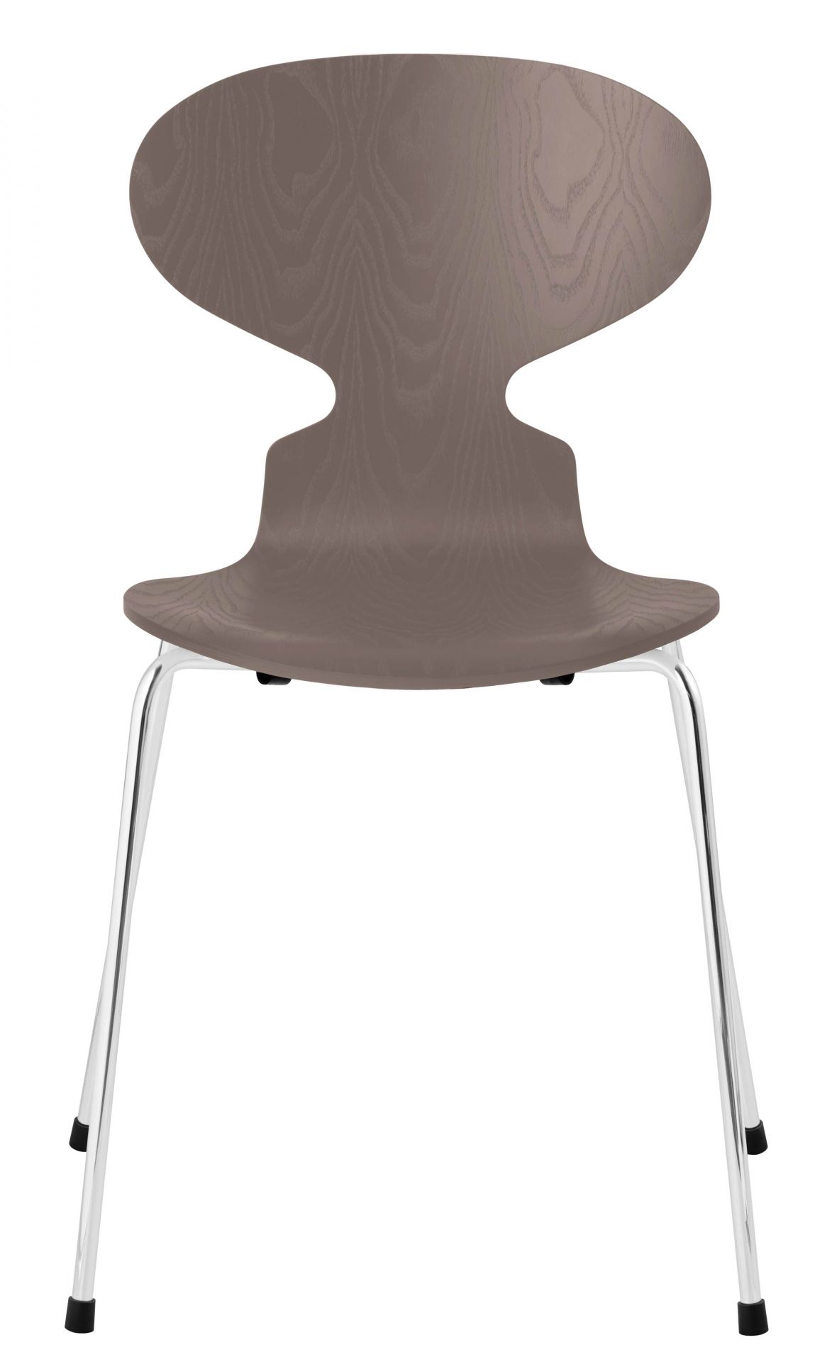 Fritz Hansen Ameise Stuhl mit vierbeinigen Chromgestell und brauner Sitzschale aus Holz.