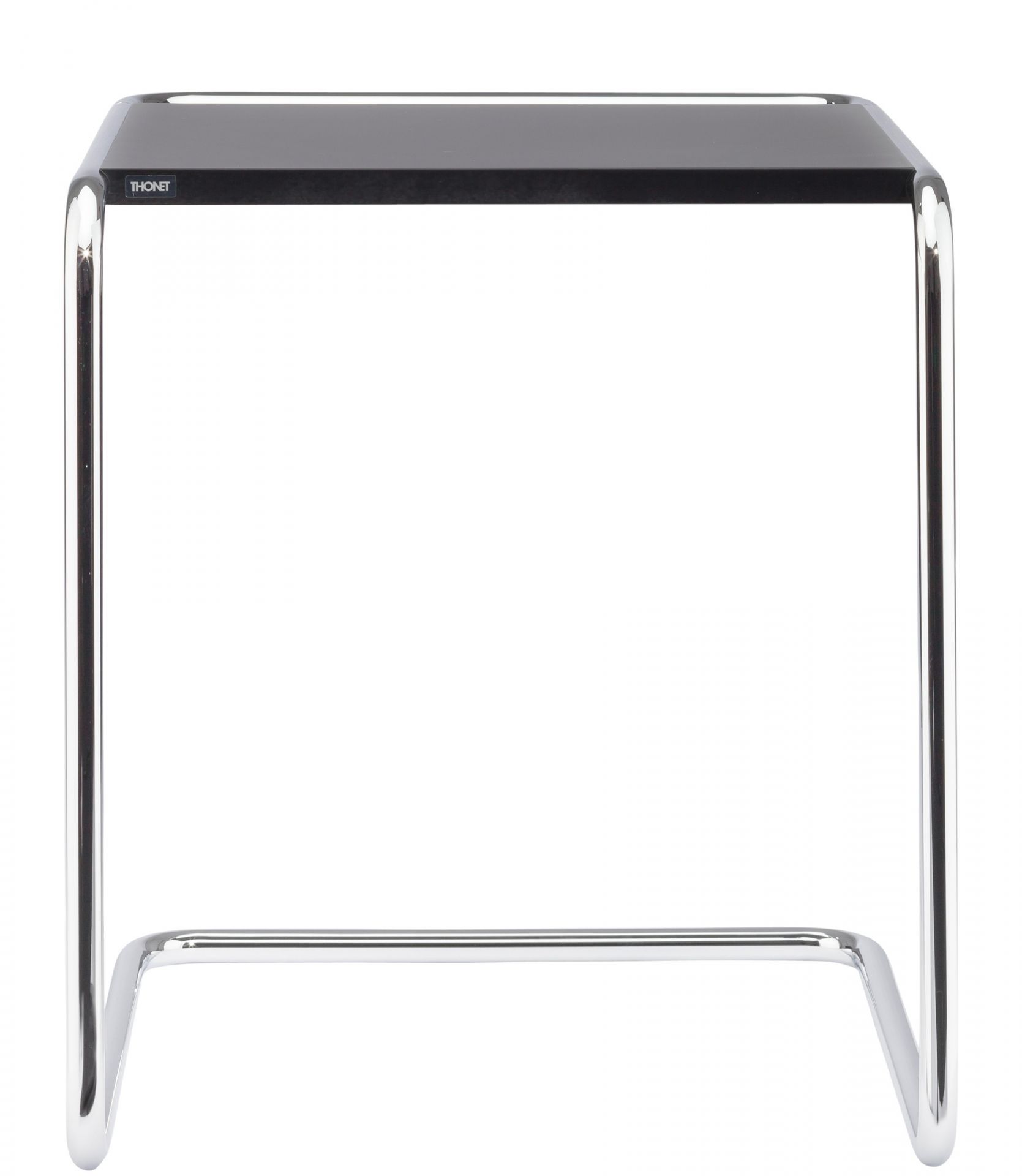 B97 Thonet Beistelltisch mit schwarzer Tischplatte und verchromtem Stahlrohrgestell, Frontansicht.