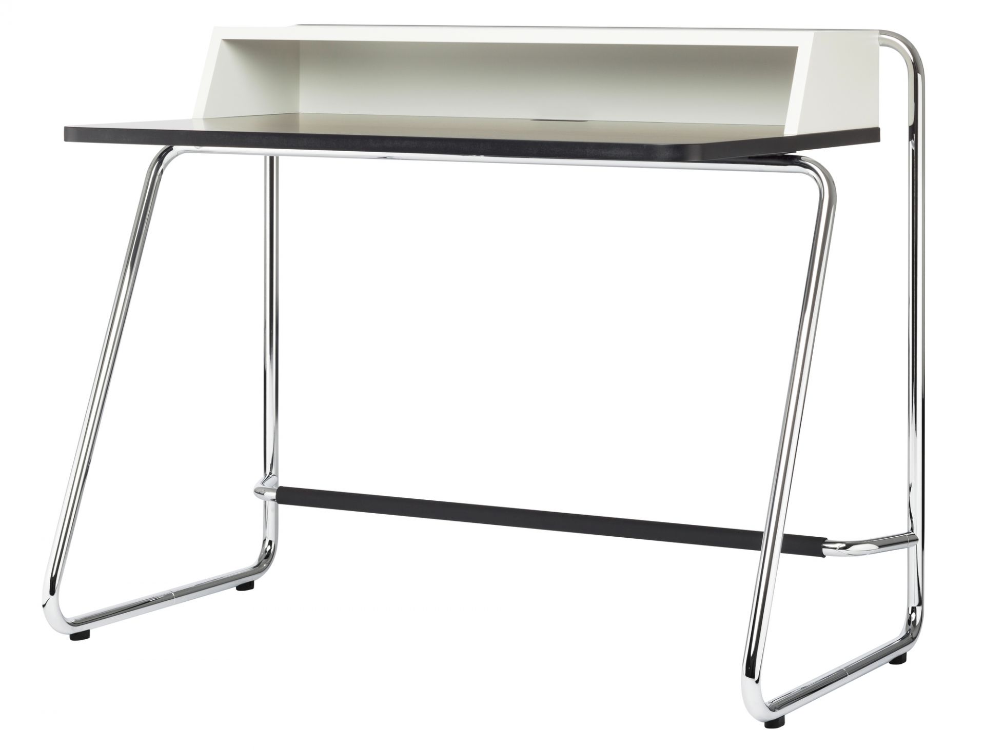 S 1200 Thonet Sekretär mit schwarzer Arbeitsplatte und weißem Aufsatz, verchromtes Stahlrohrgestell.