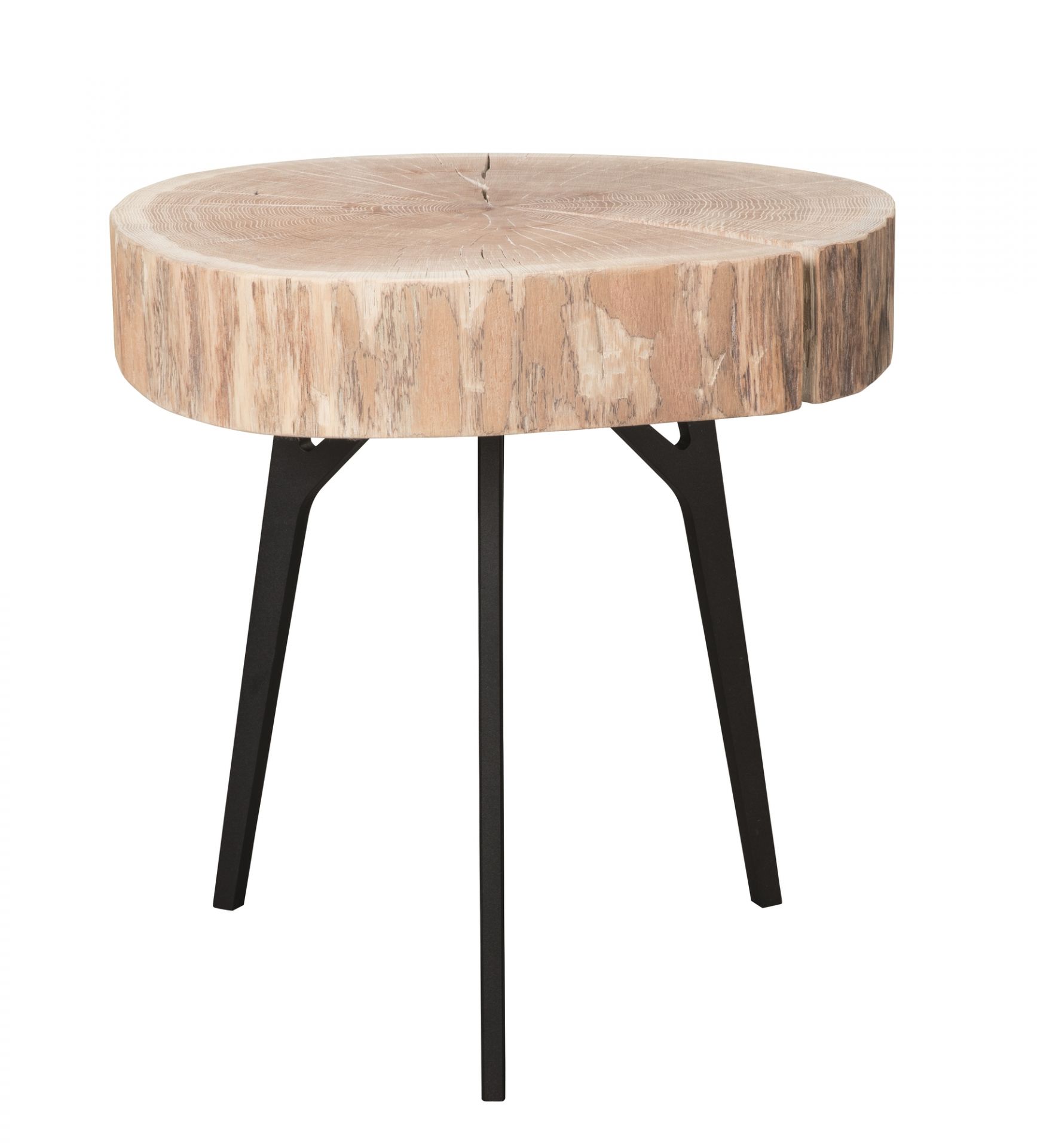Stomp Beistelltisch mit Baumscheiben-Tischplatte und schwarzen Metallbeinen, rustikaler Holztisch für Wohnzimmer.