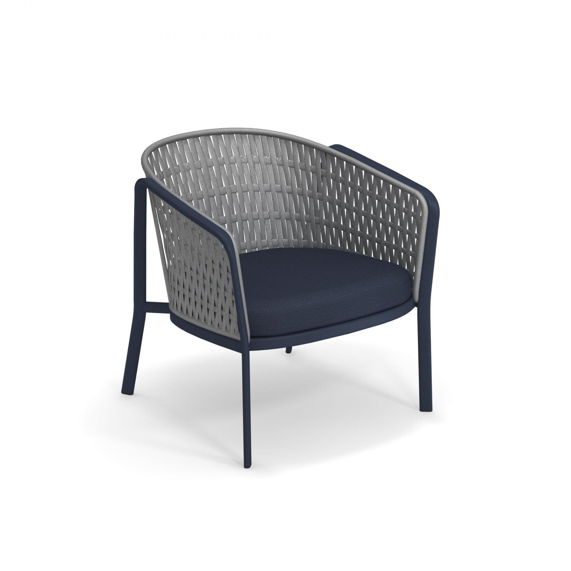 Carousel Outdoor Loungesessel von Emu mit blauem Kissen, ideal für Garten und Terrasse.