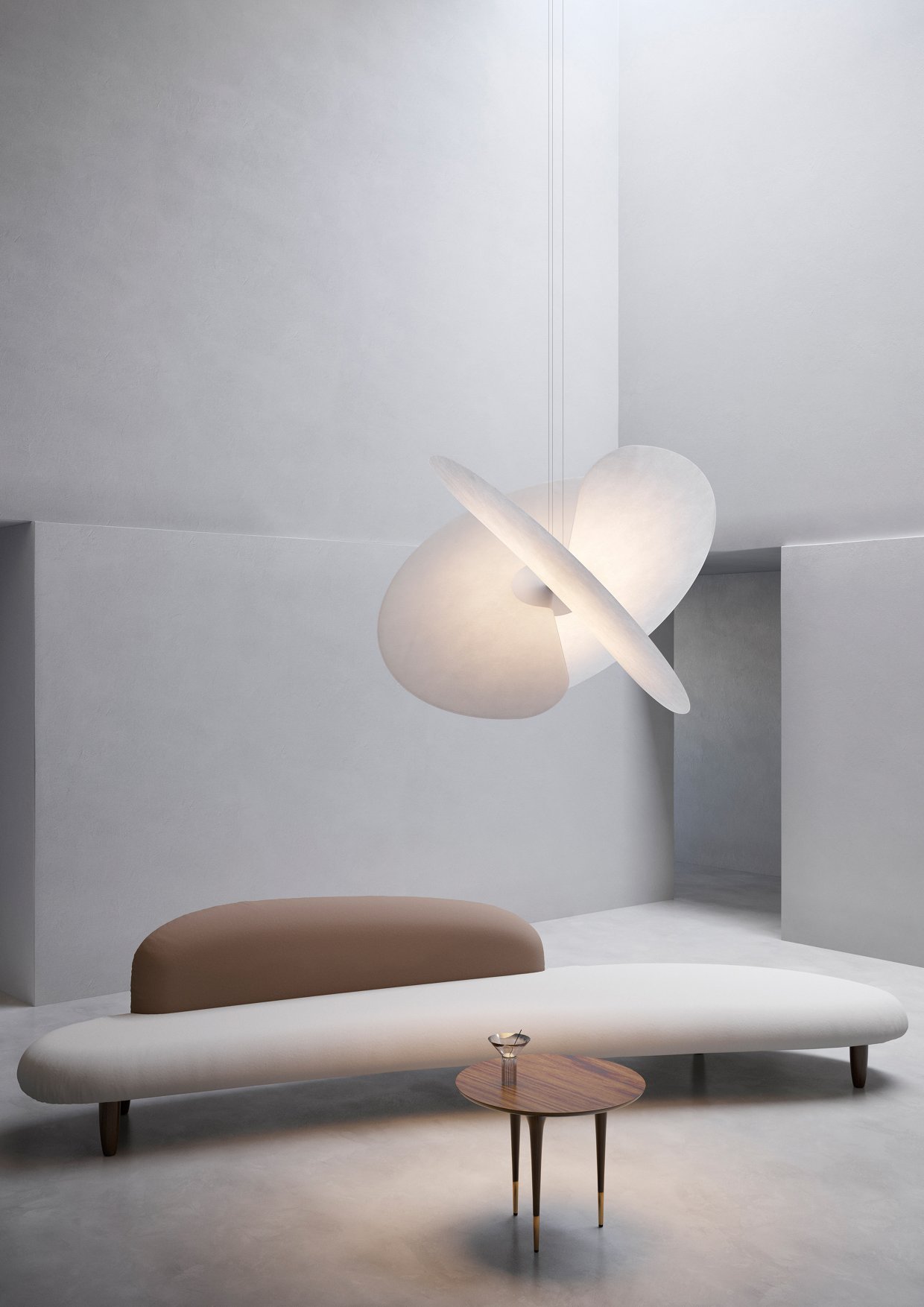 A06 2 Levante Pendelleuchte von Luceplan: Moderne Hängelampe in einem stilvollen Wohnzimmer.