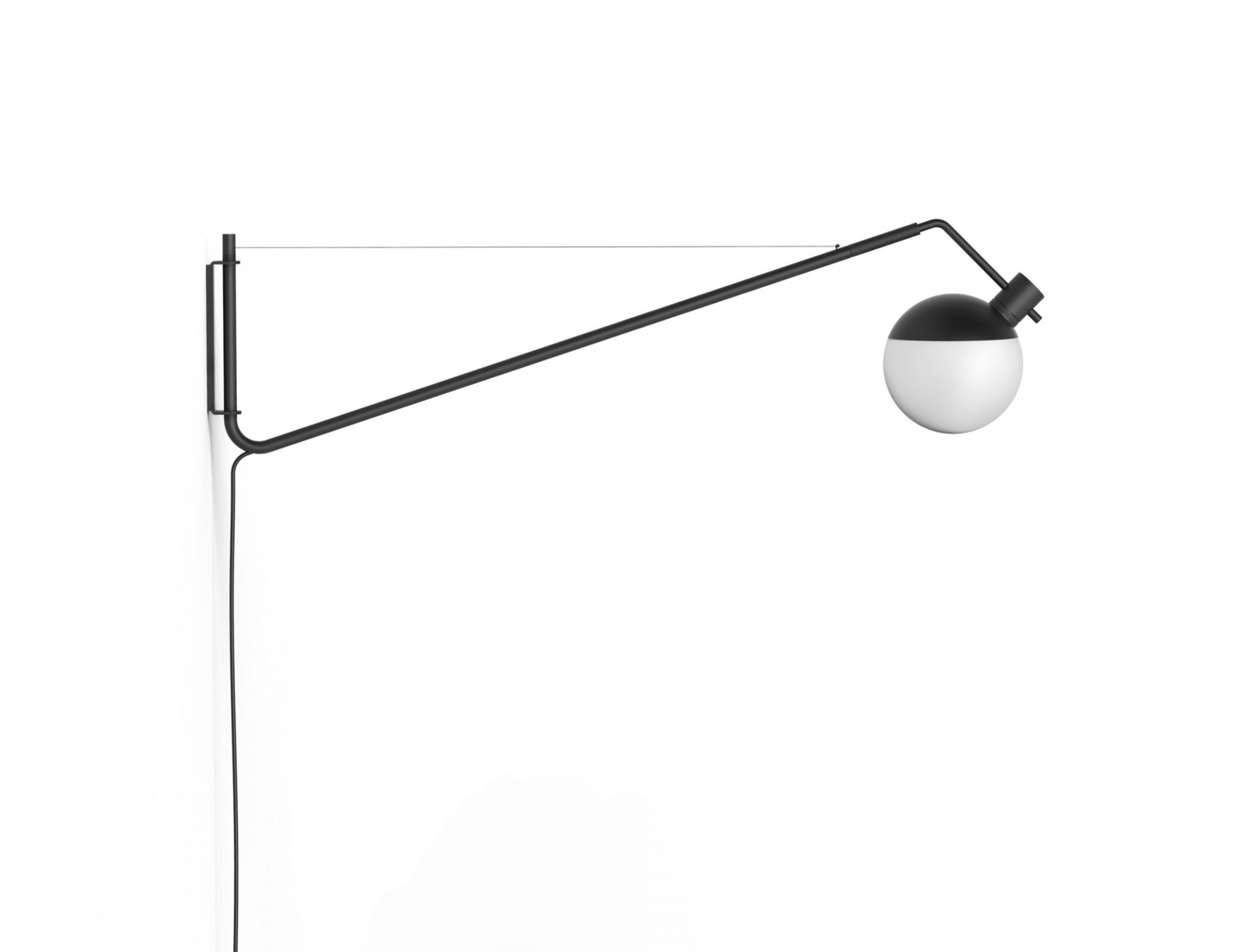 Schwarze Baluna Wandlampe von Grupa mit Kugel-Lampenschirm und filigranem Metallarm an weißer Wand.