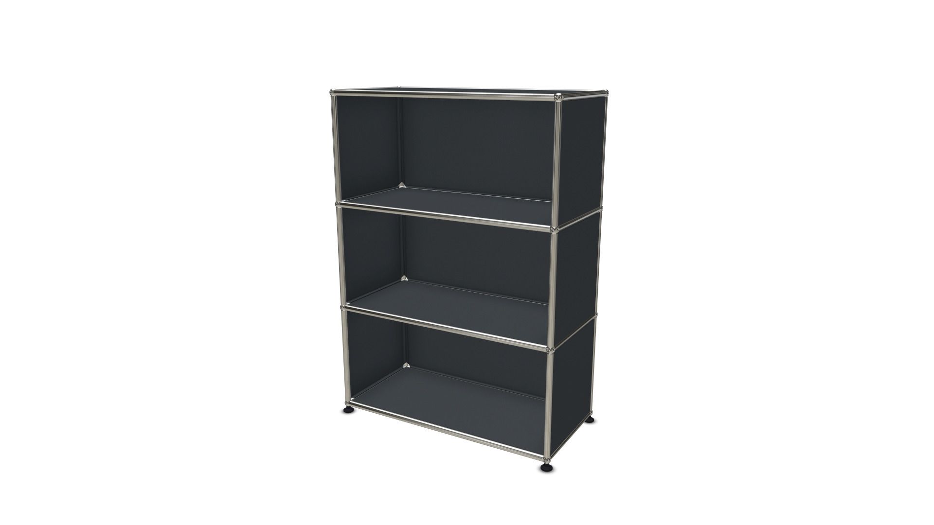 USM Haller Highboard in Anthrazit: Offenes Regal mit drei Fächern für Büro oder Wohnzimmer.