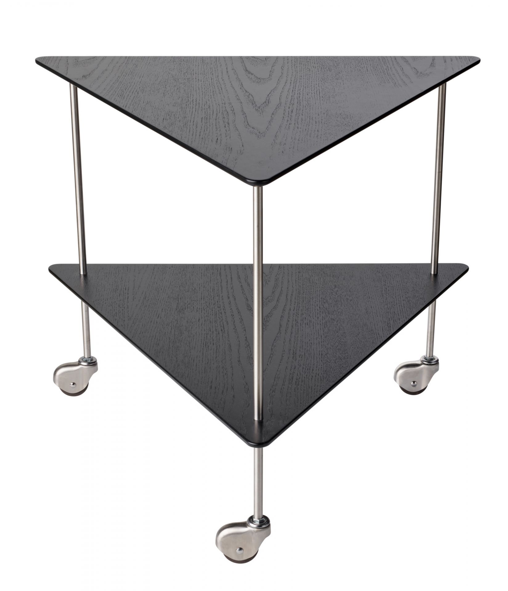 Schwarzer AJ Trolley Beistelltisch von Fritz Hansen mit zwei dreieckigen Ebenen und Rollen.