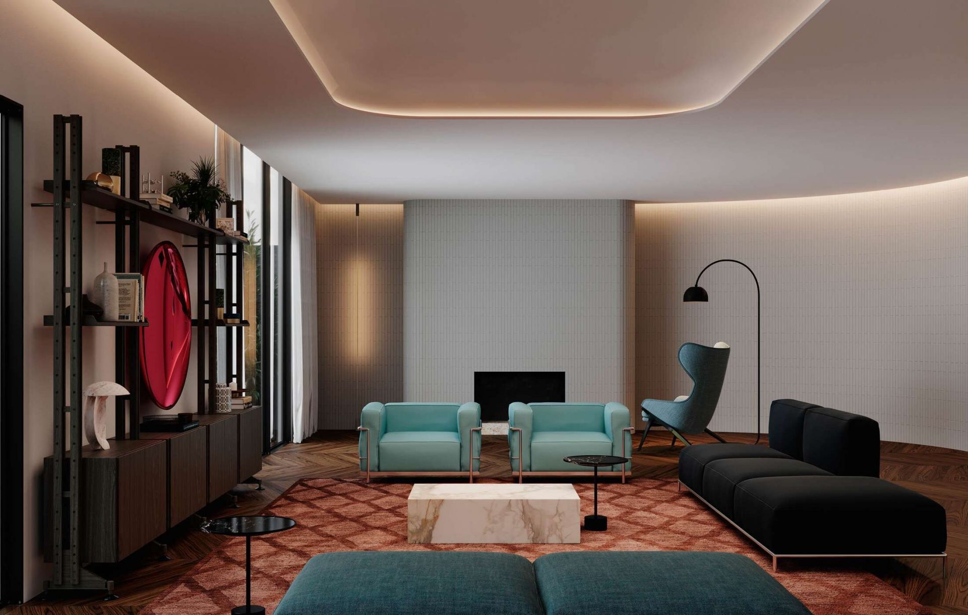 Wohnzimmer mit zwei türkisfarbenen Cassina Grand Confort Sesseln und schwarzem Sofa. Designermöbel für stilvolles Wohnen.