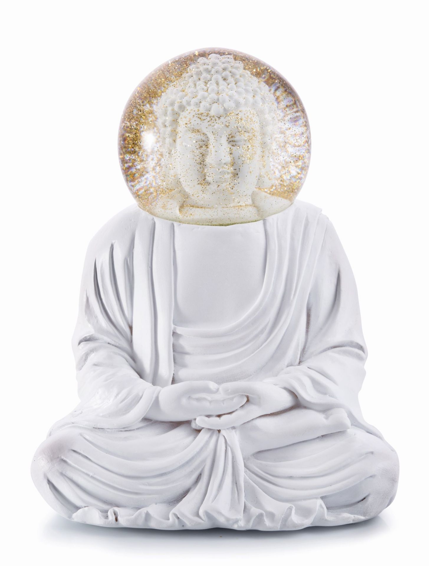 Summerglobes The White Buddha Glitzerkugel: Weiße Buddha Figur mit Glitzerkugel als Kopf. Meditative Dekoration.