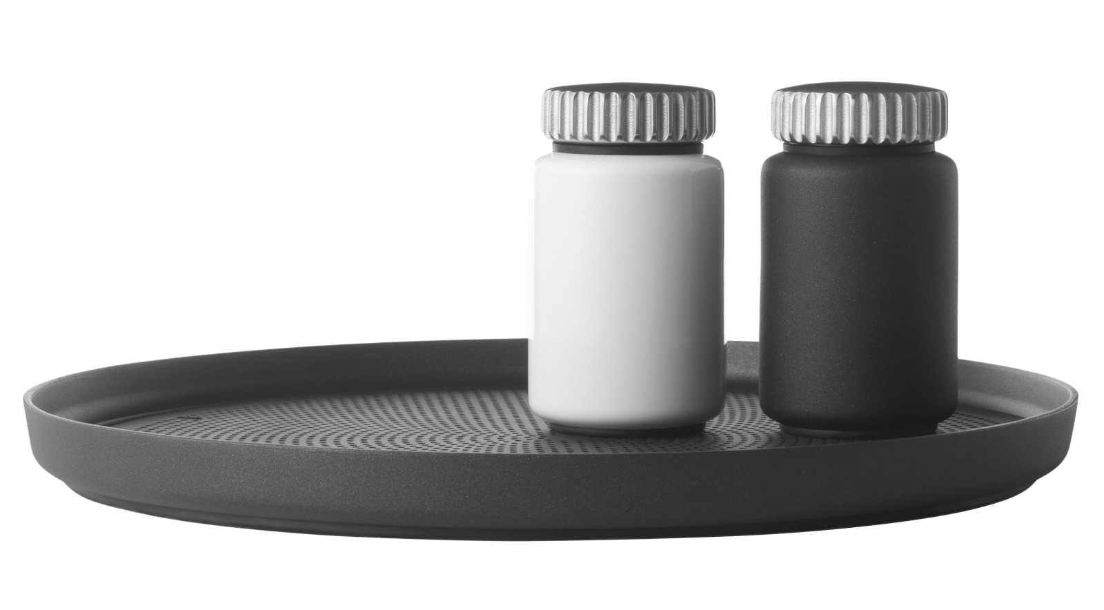 Graues Vipp Tablett mit Salz- und Pfefferstreuer in Schwarz und Weiß.