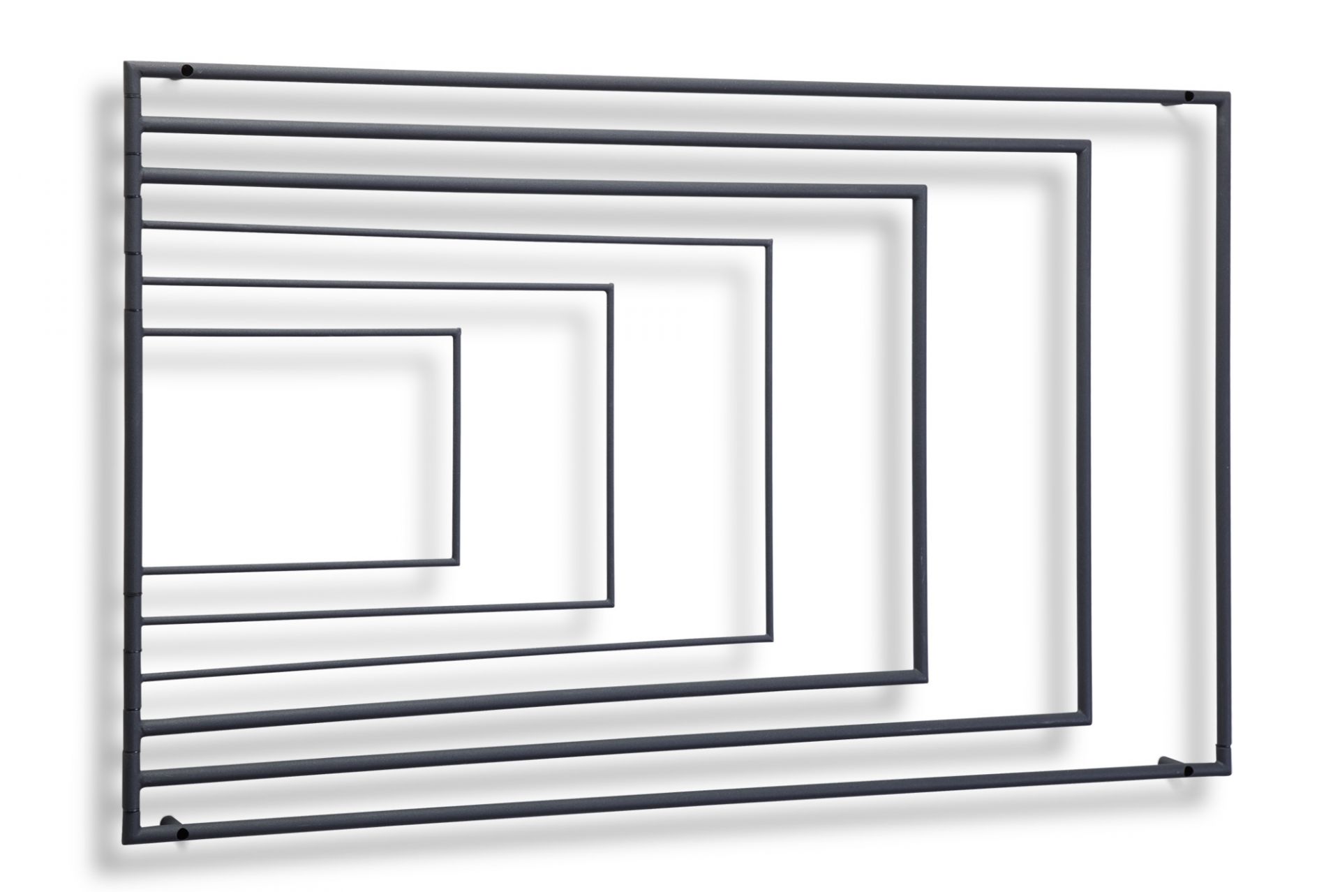 Frame Wandgarderobe: Moderne, schwarze Wandgarderobe mit rechteckigen Rahmen und horizontalen Stangen für Jacken und Accessoires.