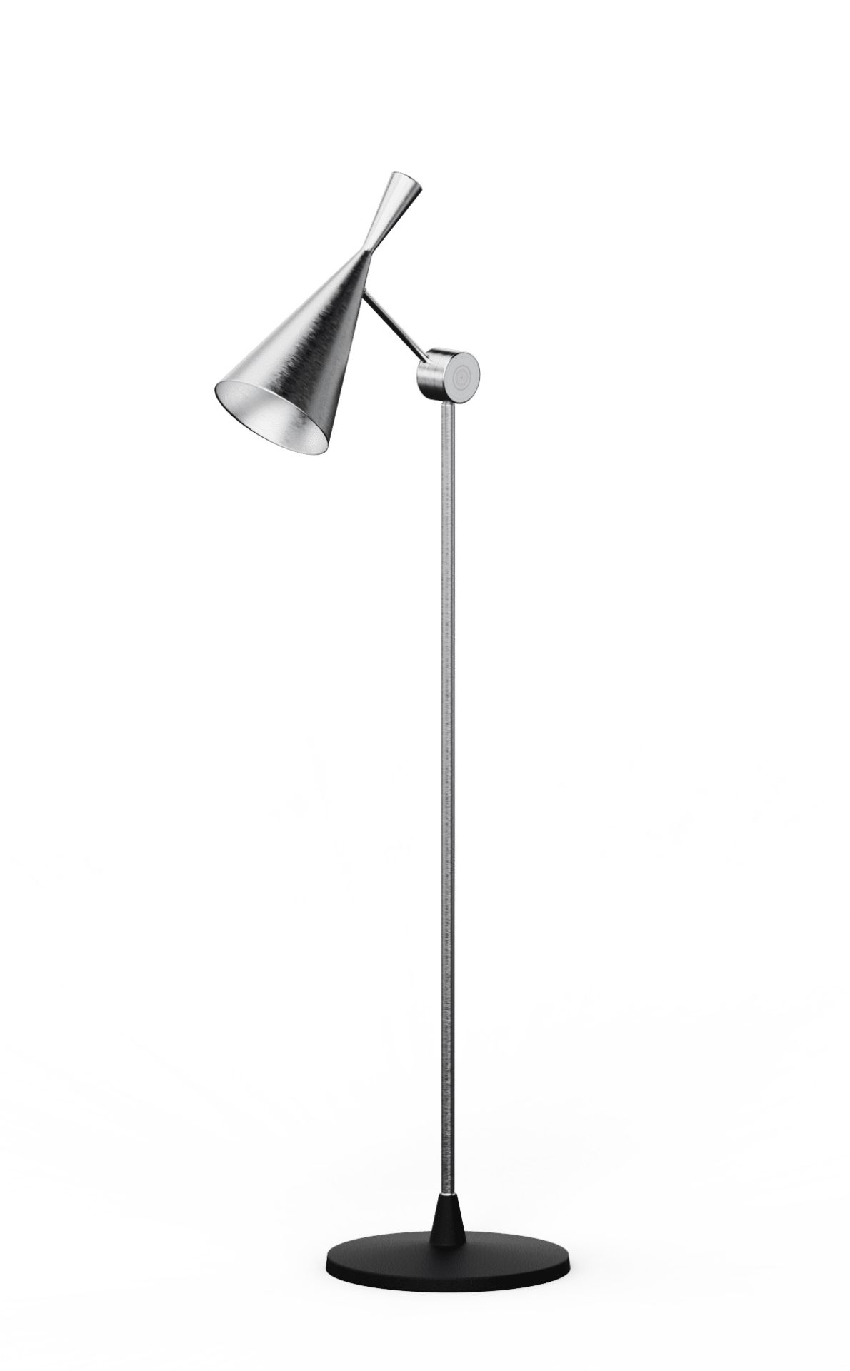 Unbeaten Stehleuchte von Tom Dixon, silberfarben, mit konischem Lampenschirm und schwarzem Fuß für Wohnzimmer und Büro.