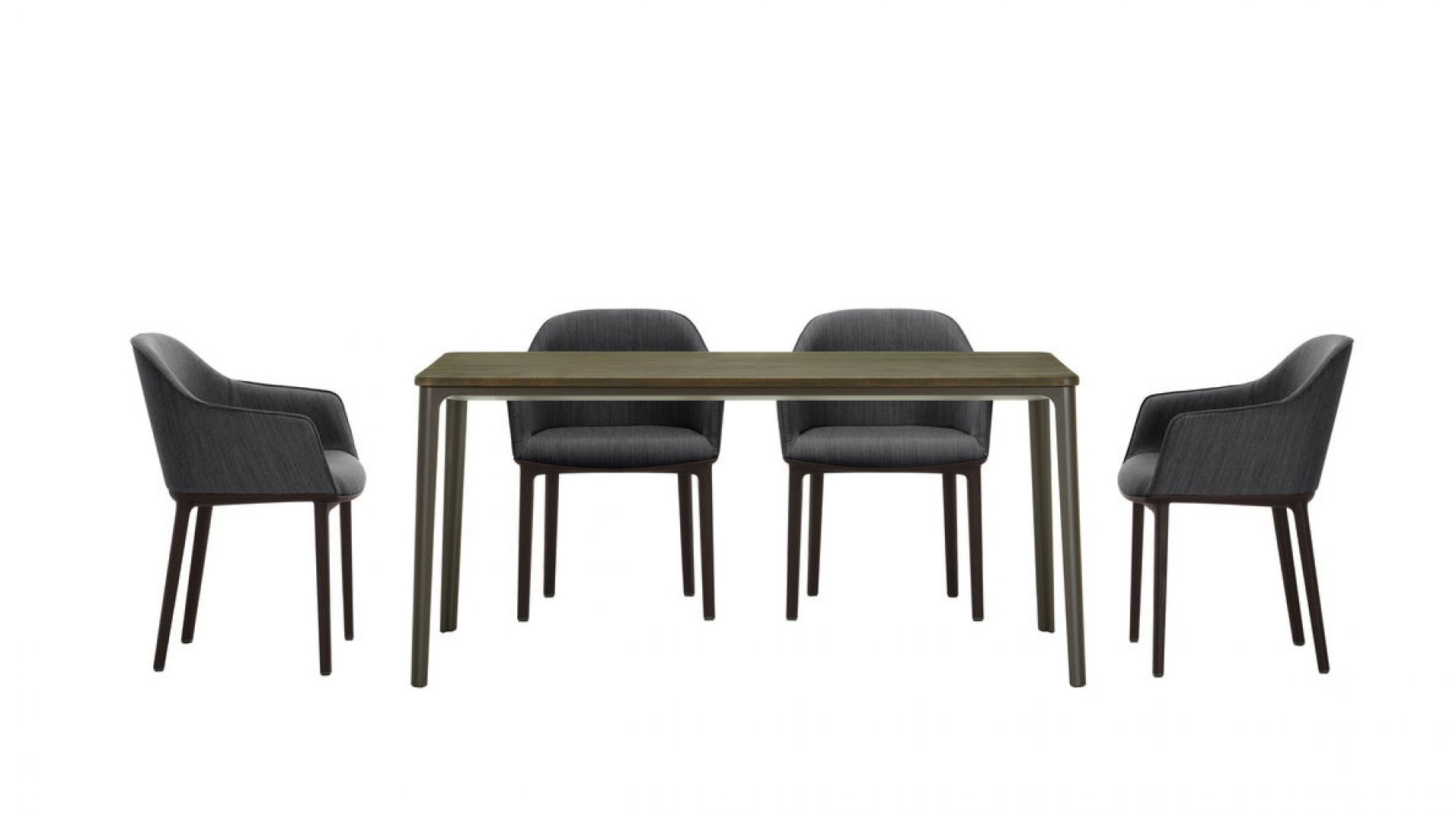 Esstisch mit vier grauen Vitra Softshell Chairs mit Vierfußgestell, modernes Design.