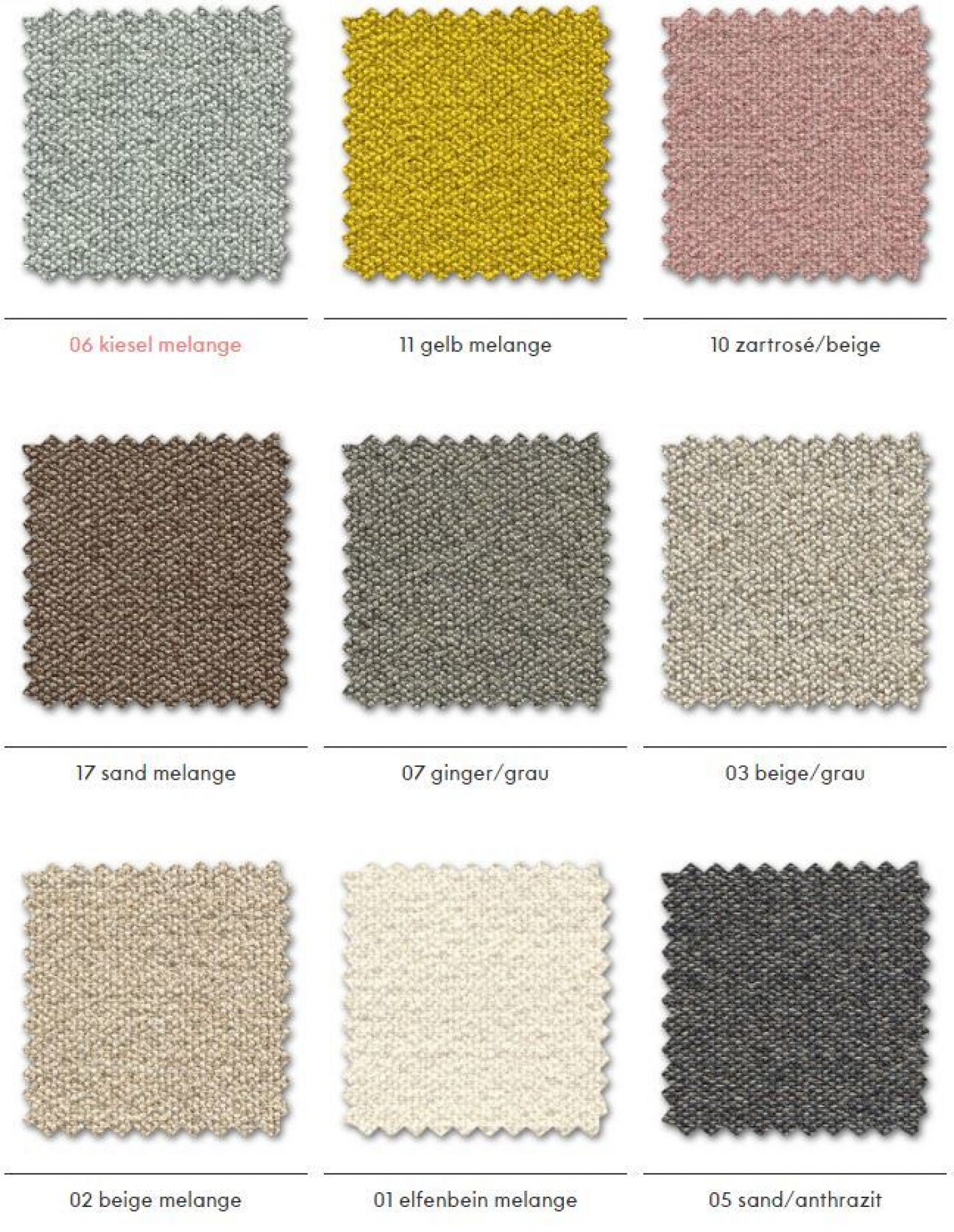Vitra Dumet Stoffmusterkarte: Nahaufnahme verschiedener Stoffmuster in Beige, Grau, Gelb und Rosé.