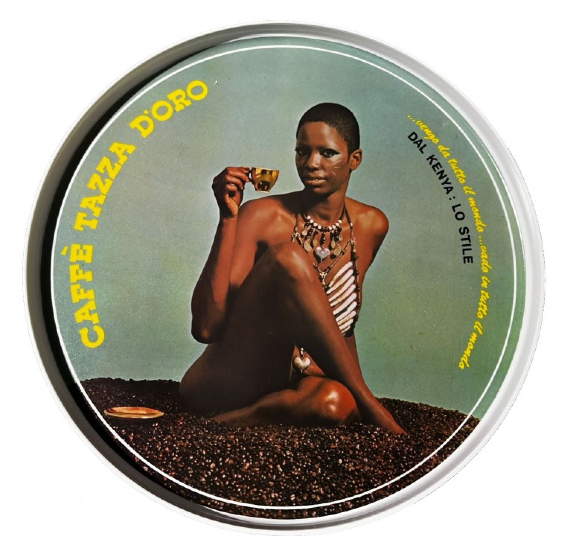 Rundes, grünes Caffè Tazza d'Oro Tablett Condino mit Frau und Kaffeebohnen Motiv. Dekoratives Einzelstück.