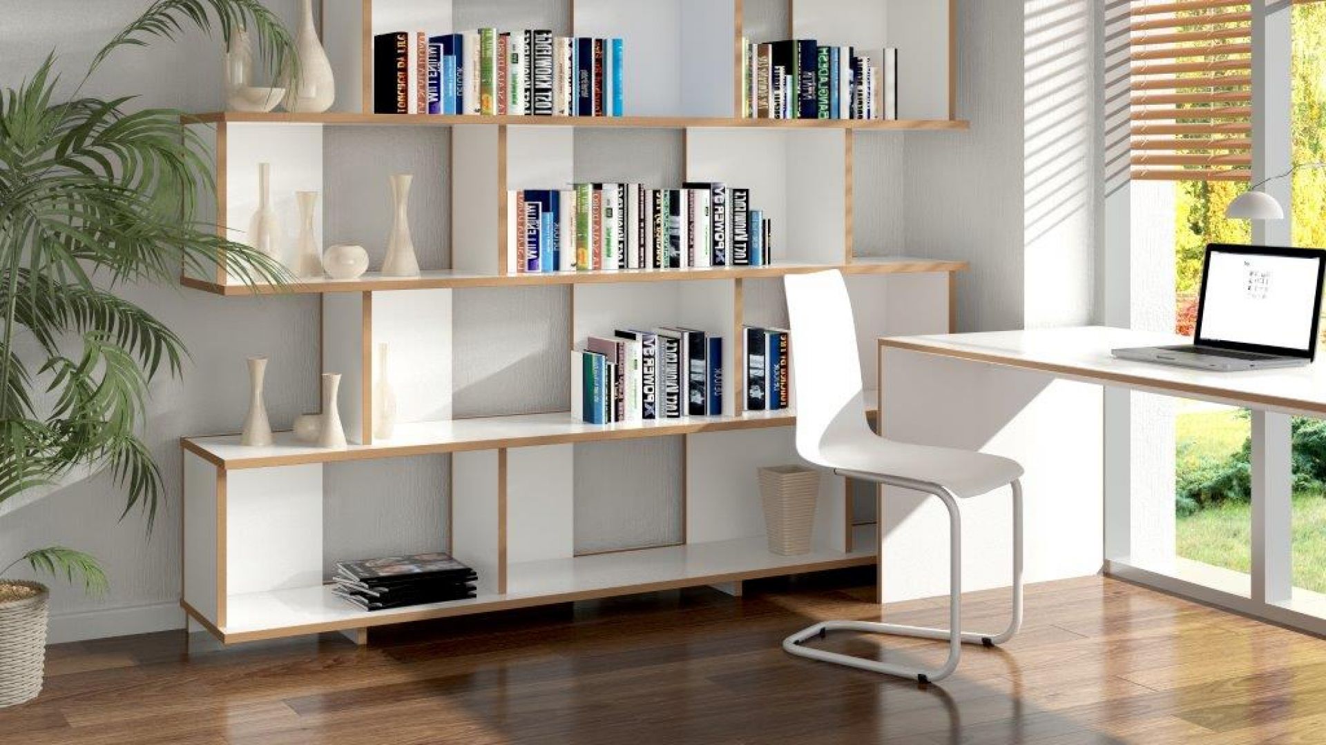 Weißer Tojo Stuhl vor Bücherregal und Schreibtisch, modernes Möbeldesign für Büro und Wohnzimmer.