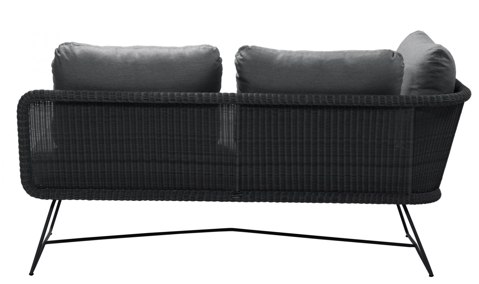 Horizon Outdoor Sofa, 2-Sitzer Modulsofa mit schwarzem Cane-Line Gestell und grauen Kissen.