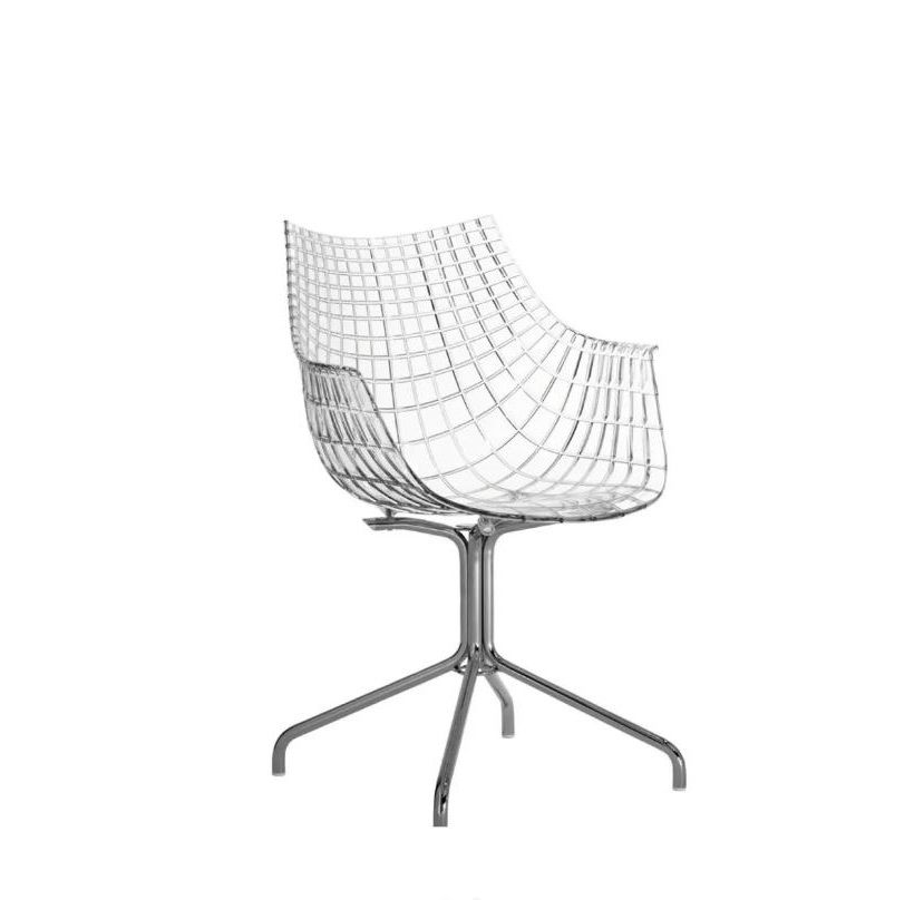 Meridiana Chair: Transparenter Design Armlehnenstuhl mit Viersternfuß aus verchromtem Stahl. Moderner Stuhl für Wohnzimmer.