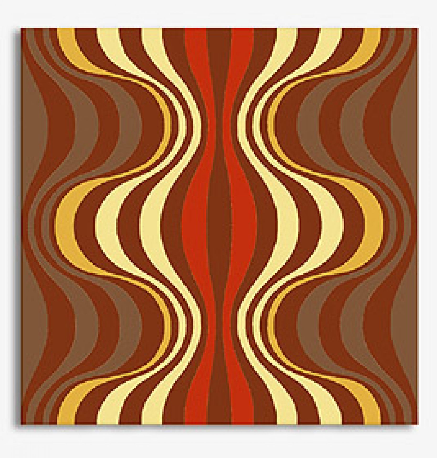 Panton Teppich Onion: Quadratischer Designteppich mit braunen, roten und gelben Wellenlinien.