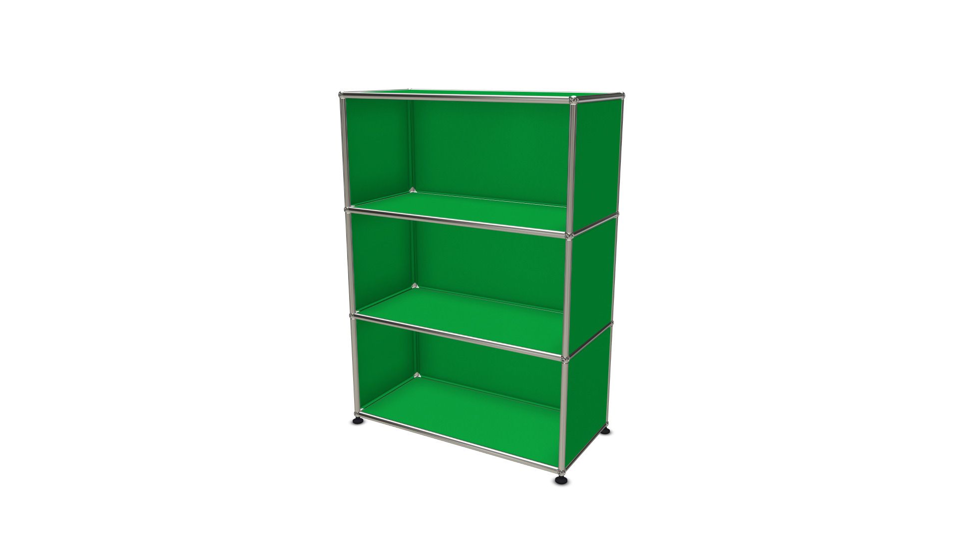 USM Haller Regal in Grün mit drei offenen Fächern und verchromtem Gestell.