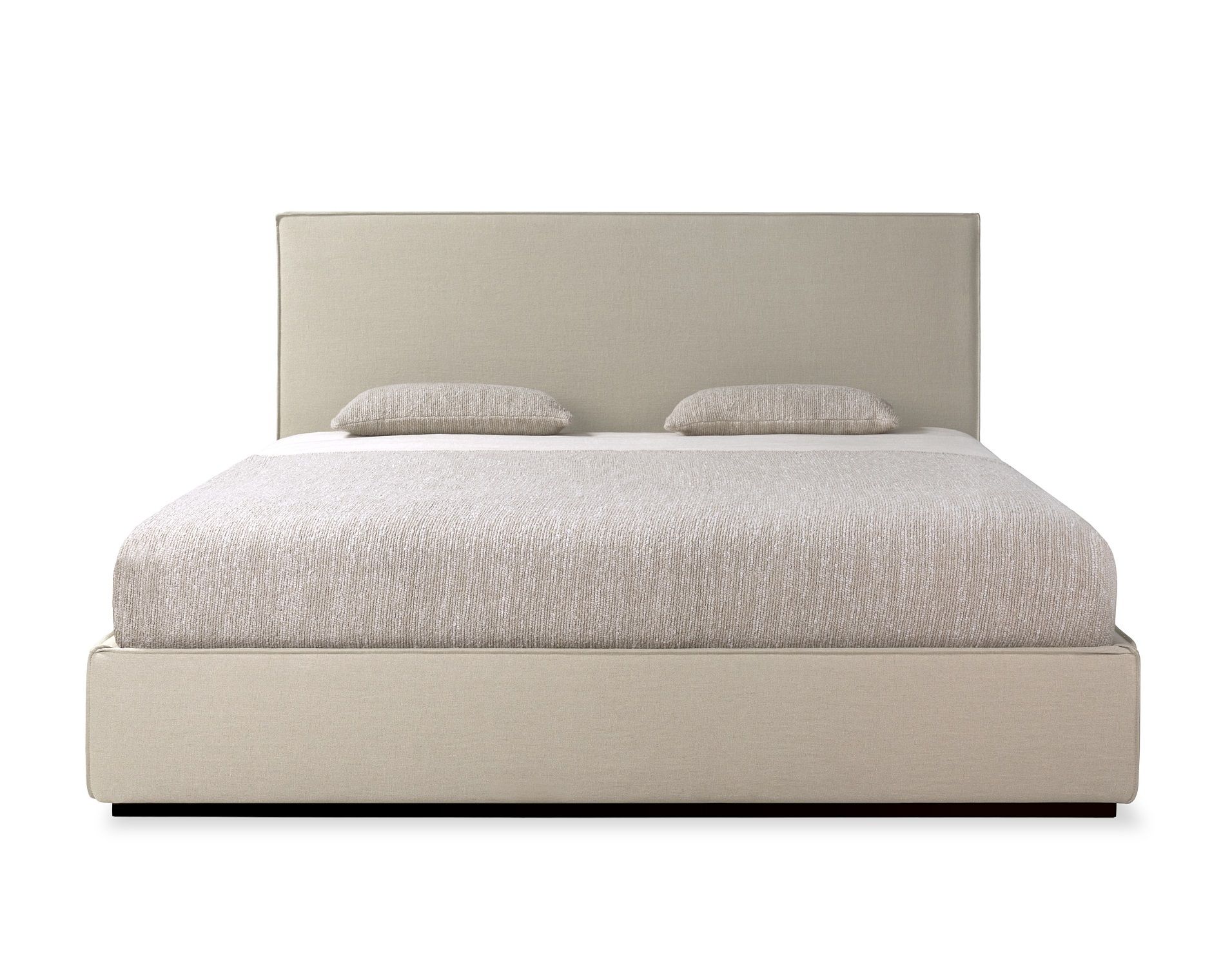 Beige Revive Bett mit abnehmbarem Bezug von Ethnicraft, inklusive zwei Kissen, Frontansicht.