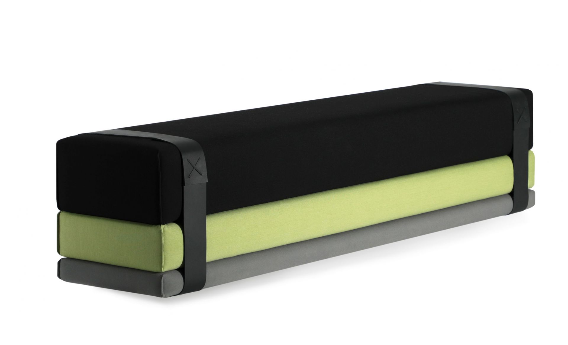Bavul Bank von Prostoria: Modulare Sitzbank in Schwarz, Grün und Grau mit Gurt.