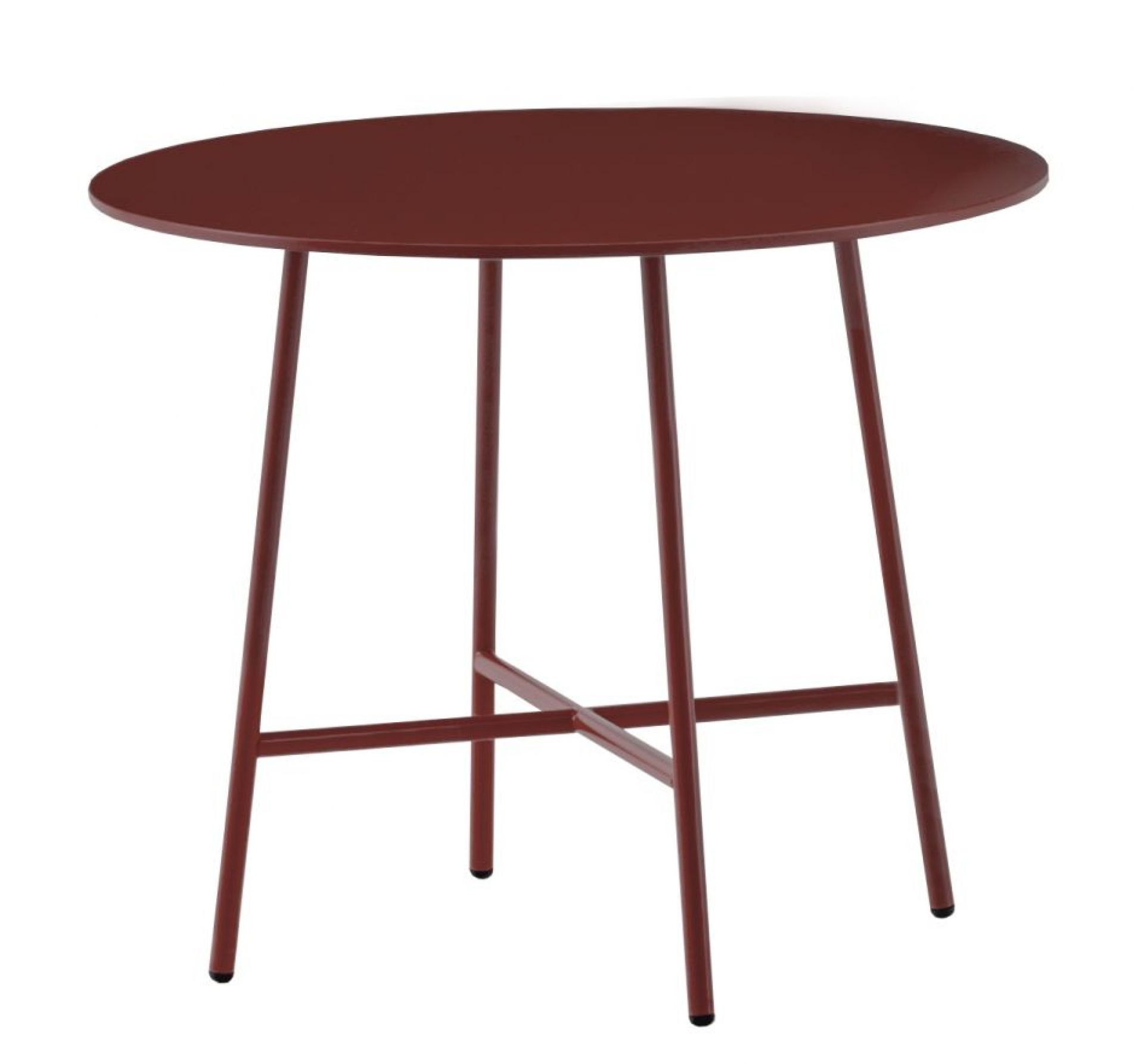 Tia Maria Tisch von Moroso, runder Beistelltisch in Rotbraun mit filigranem Metallgestell.