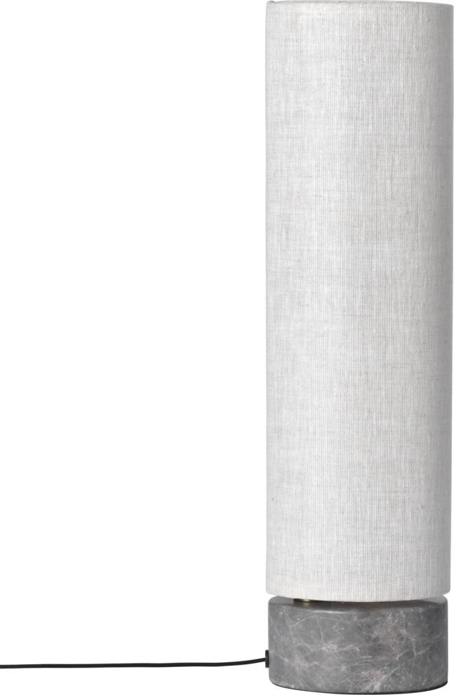 Gubi Unbound Stehleuchte mit zylindrischem Lampenschirm aus Leinen und grauem Marmorfuß, modernes Design.