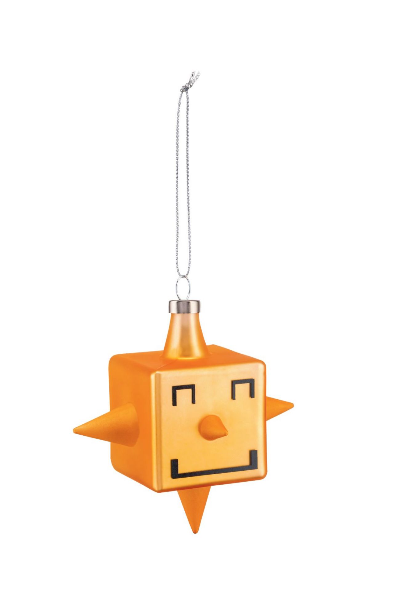Alessi Cubik Star Weihnachtsanhänger: Orangefarbener, würfelförmiger Christbaumschmuck mit Gesicht und Zacken. Festliche Dekoration.