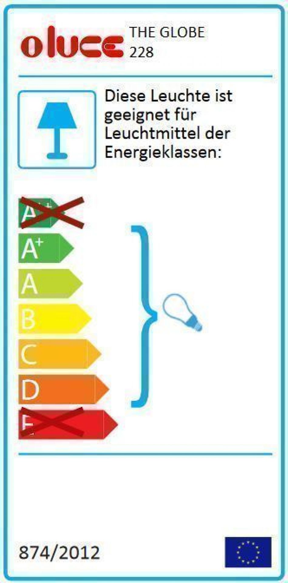 Energieeffizienzlabel der Globe Tischleuchte 228 von Oluce, geeignet für Leuchtmittel der Energieklassen A+ bis D.
