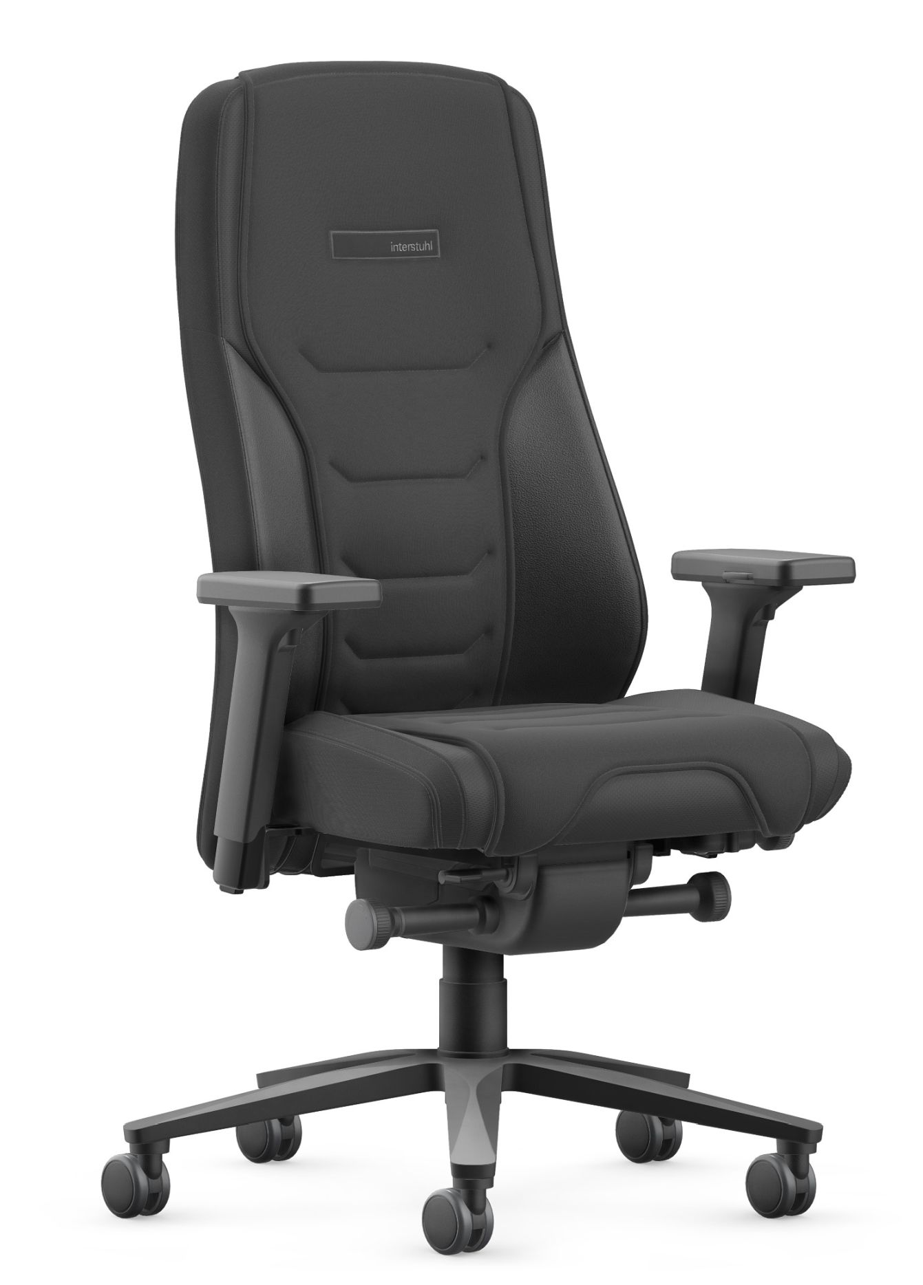 Twentyfouris5 TF117 Drehsessel von Interstuhl in Schwarz, ergonomischer Bürostuhl mit Armlehnen und Rollen.