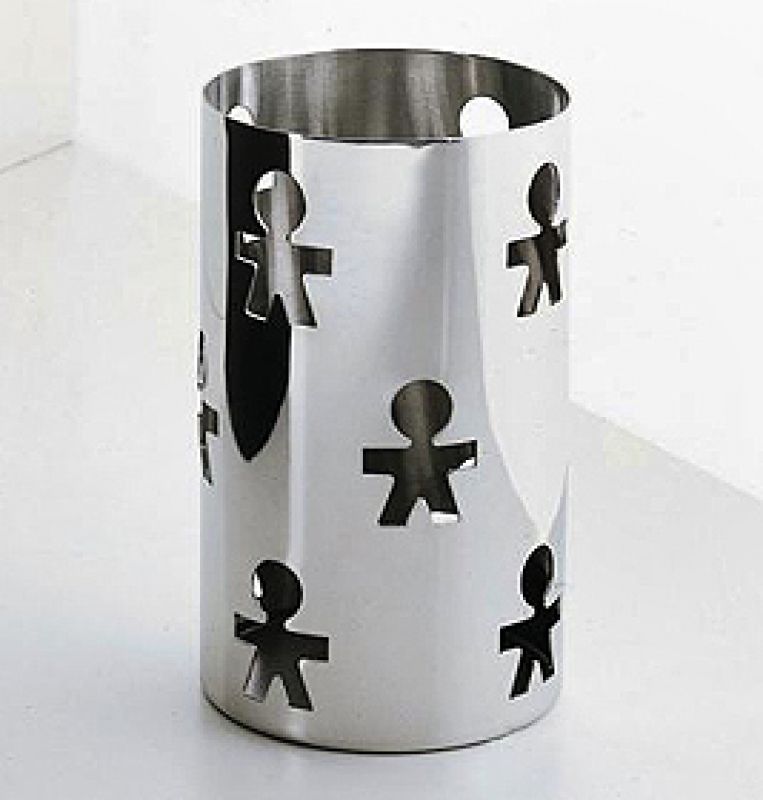 Alessi Girotondo Grissinibehälter aus Edelstahl mit ausgeschnittenen Männchen, ideal für Brotstangen und Tischdekoration.