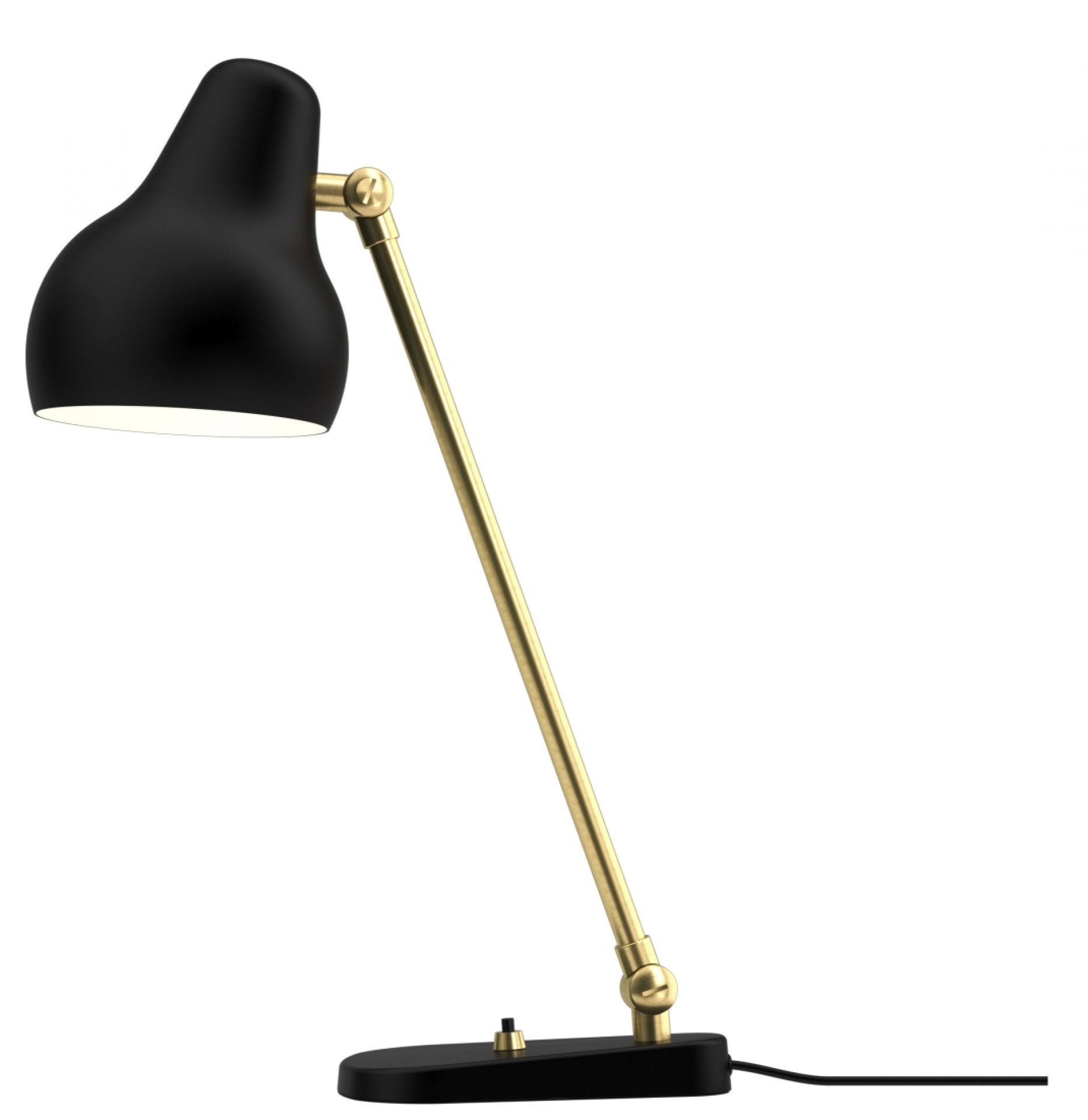 Schwarze VL38 Tischleuchte von Louis Poulsen mit goldenem Arm, moderne Schreibtischlampe für Büro und Zuhause.