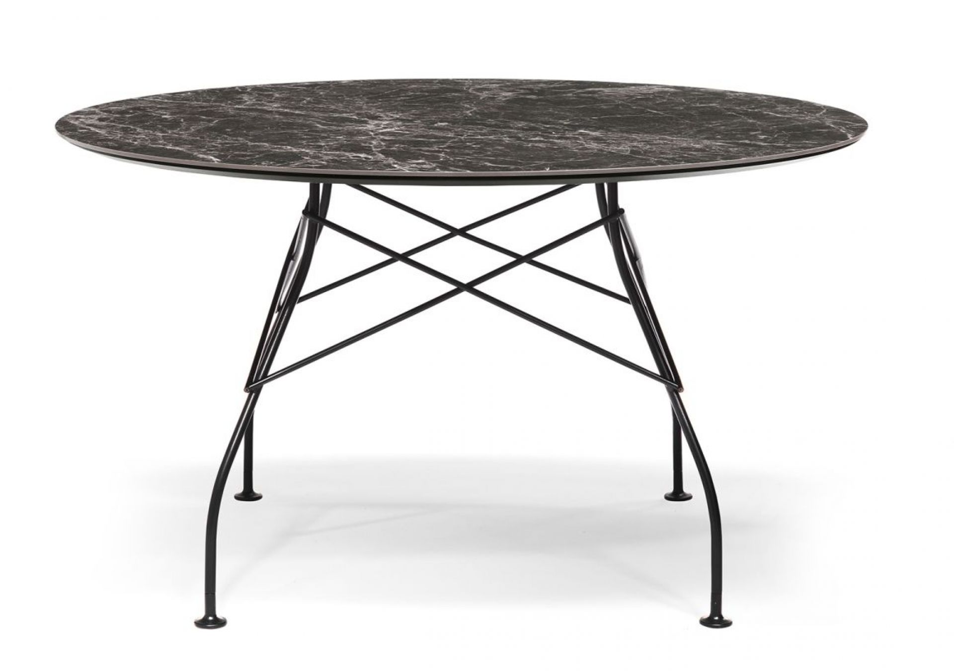 Runder Glossy Tisch mit marmorierter Steinzeugplatte in Brown Emperador und schwarzem Metallgestell.