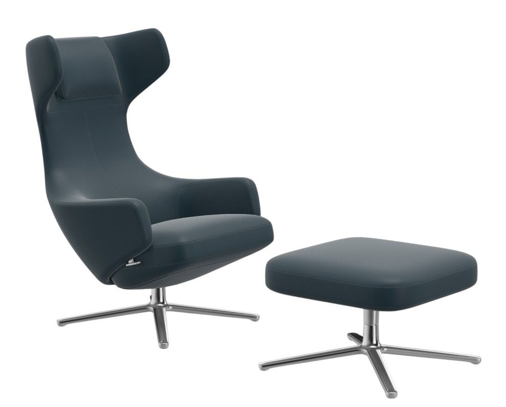 Grand Repos Sessel mit Ottoman in Rauchblauem Leder und Kontrastnaht von Vitra.