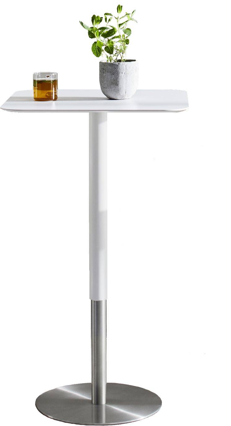 Weißer Moree Stehtisch ED 105 mit Getränk und Pflanze auf der Tischplatte.