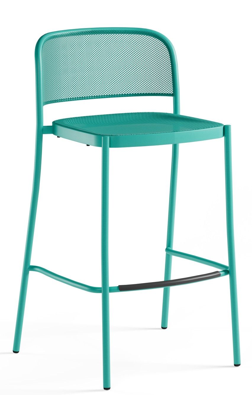 Türkisgrüner Café Barstool Barhocker von Emu mit Rückenlehne und Fußstütze für den Außenbereich.