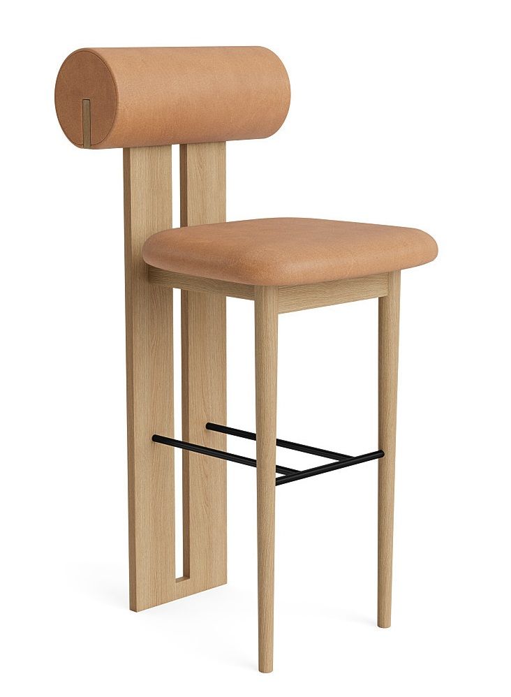 Hippo Barhocker: Moderner, niedriger Barstuhl aus Holz mit Lederbezug in Braun. NORR11 Design.