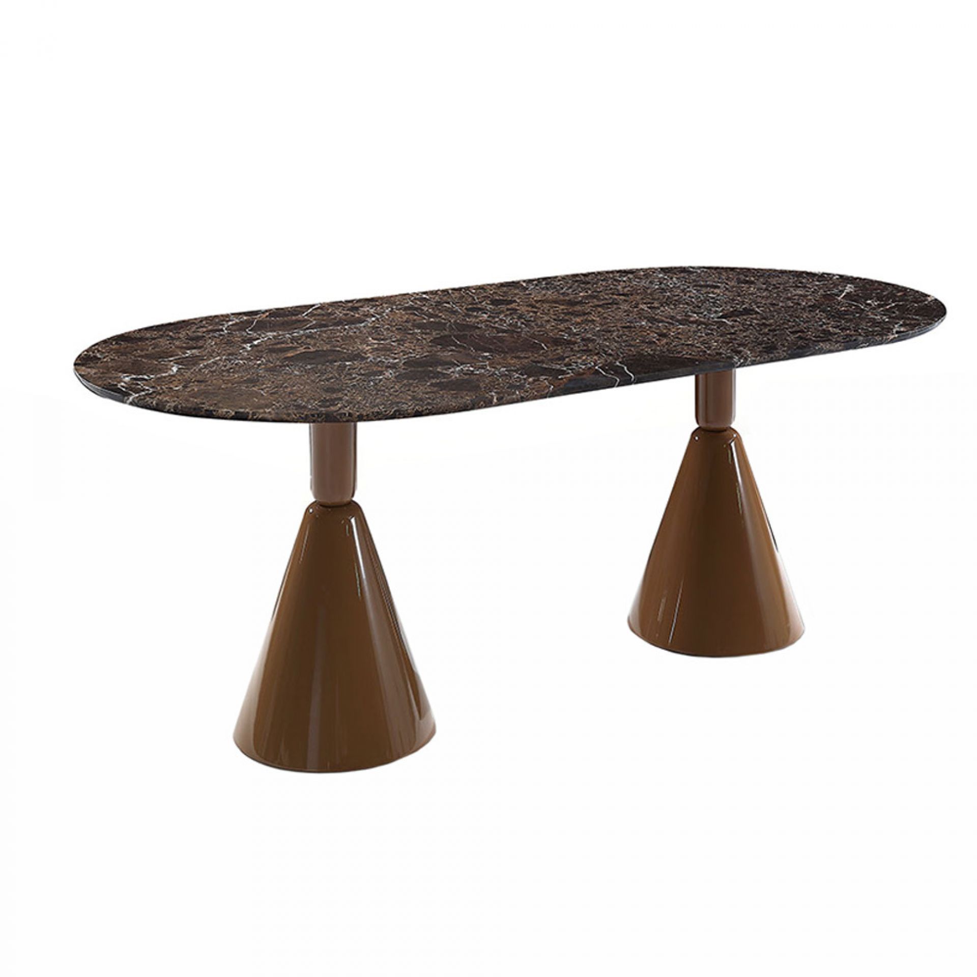 Pion Esstisch mit brauner Marmorplatte und konischen Beinen, modernes Design für Esszimmer.