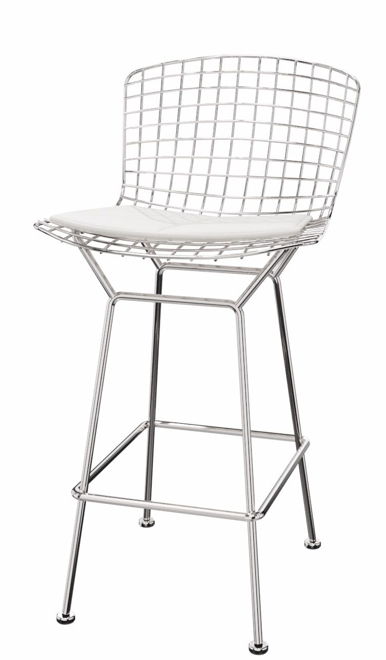 Bertoia Barhocker von Knoll International: Verchromter Draht-Barstuhl mit weißem Sitzkissen. Modernes Design für Küche und Bar.