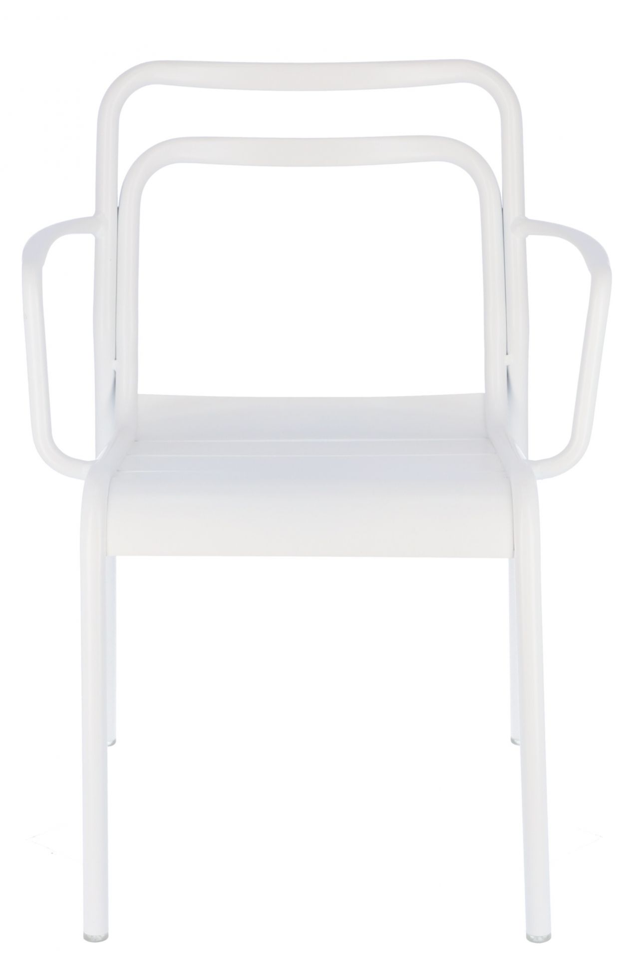 Weißer Jan Kurtz Live Stapelsessel für den Außenbereich, modernes Design mit Armlehnen.